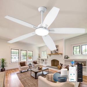 Amico 60 Inch Ceiling Fans with Lights, Smart Ceiling Fan, Reversible DC Motor, 5 Blades, 6 Speeds, 3CCT, Dimmable, Noiseless, Alexa White Ceiling Fan for Bedroom, Kitchen, Farmhouse