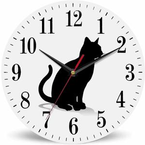 Mxocom Cat Silhouette Wall Clock Pet Animal Kitten Standing Black Outline 10 Inch Silent Non Ticking Battery Operated Clock Vintage Round Clock for Living Room Bedroom Bathroom Office Decor