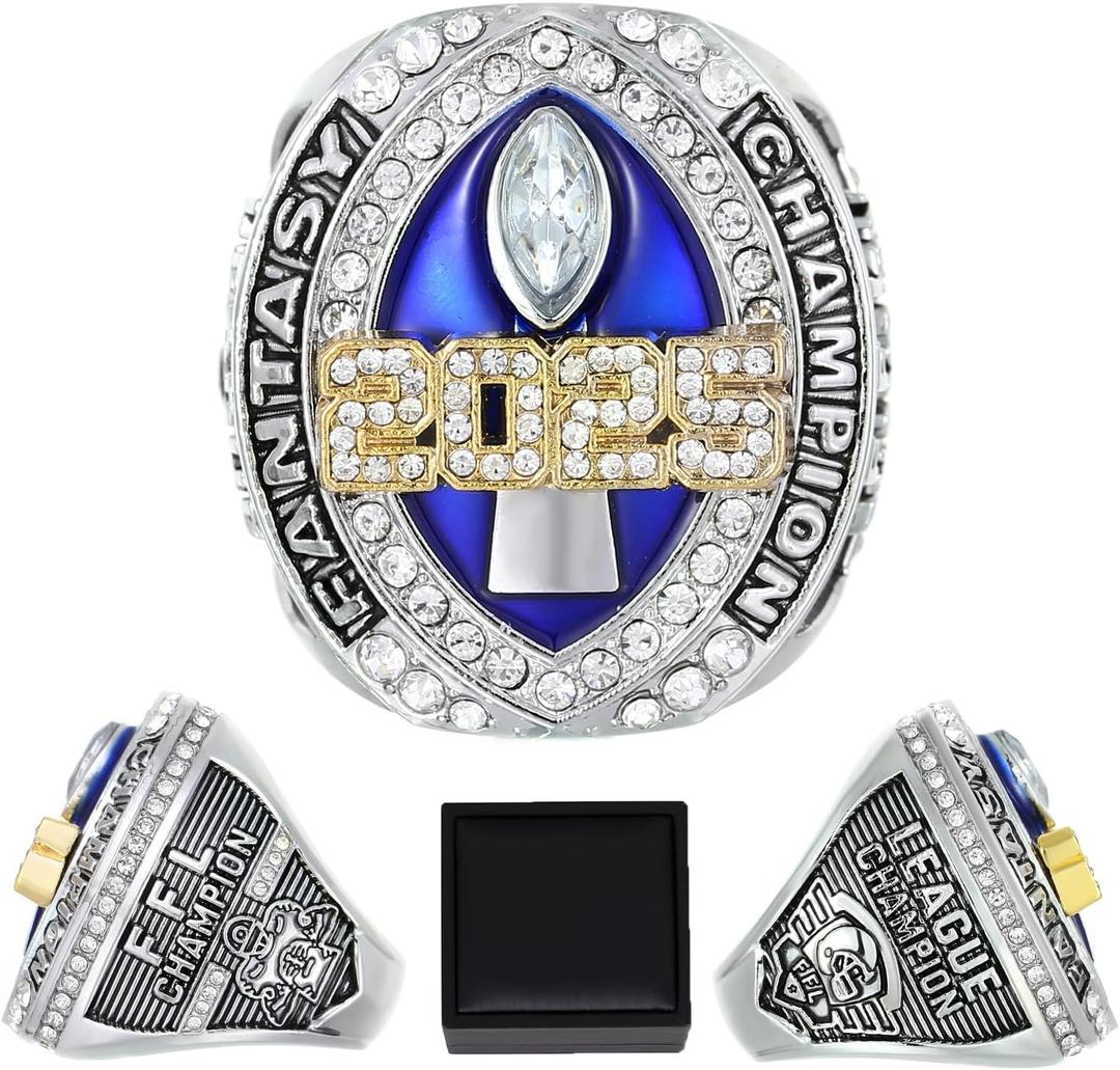 2025 Fantasy Football Championship Ring with Box League Champion Trophy Rings Premium Award for Winne (9, Blue)