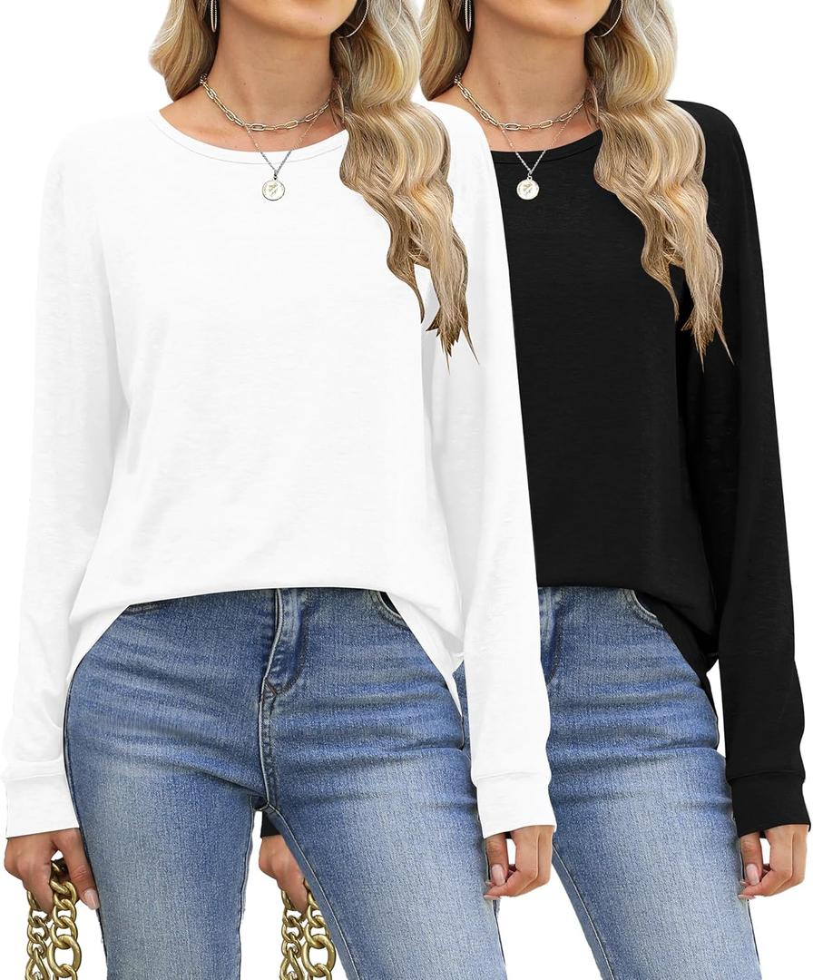 Long Sleeve Tops for Women 2 Pack Chic Shirts Trendy Solid Blouses Business Casual Tee (X-Large, White/Black)