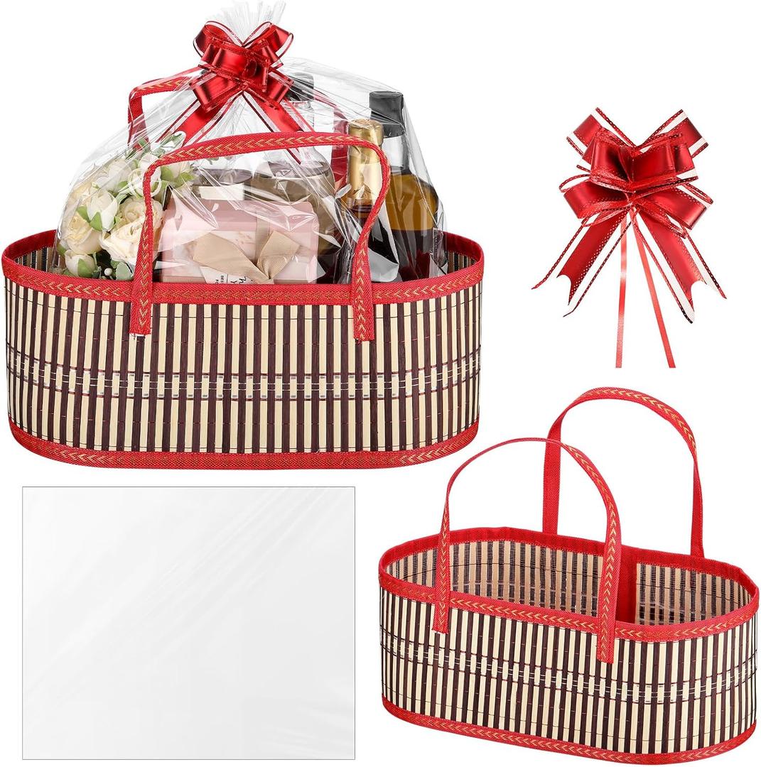 Reallnaive 1 Set Empty Gift Baskets Large Woven Bamboo Basket for Valentine's Day DIY Birthday Party Empty Gift 15.75 x 7.87 x 6.3 Inch, Bows and Cellophane Wrap Bags