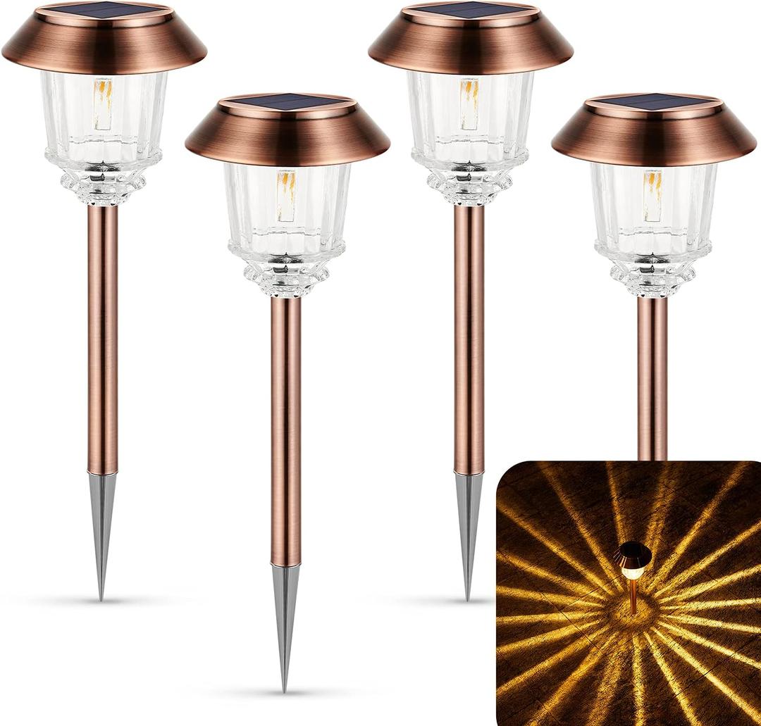 XMCOSY+ Solar Lights Outdoor Waterproof, Pack of 4 Solar Lights for Outside, 10-40 LM Dimmable LED Glass Outdoor Solar Lights for Yard Pathway Garden Lawn Driveway Walkway (Warm White) (Copper)