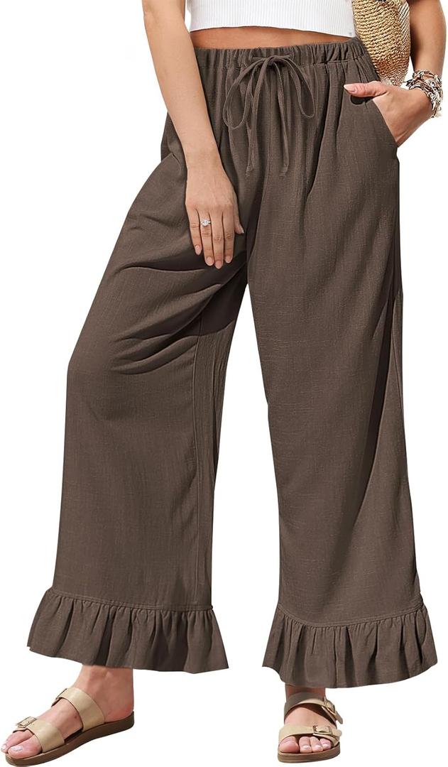 TARSE Womens Linen Casual Pants Flared Leg Wide Leg Drawstring Ruffle Harem Palazzo Pants with Pockets (Brown, XL)