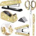 Yunlly 3 Pack Bling Office Stationery Set Desk Accessory Office Set Includes Pen Scissor Stapler Staple Remover 1000 Pcs Staples Tape Dispenser with Diamond Inlay for Home Desk(Gold)