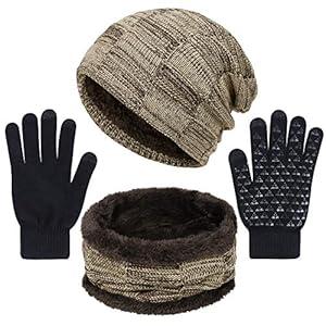 3 Pieces Winter Hat Scarf and Gloves Set for Men and Women, Knit Slouchy Beanie Cap&Neck Warmer&Screen-Touch Texting Gloves Brown