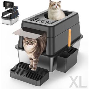 Aphyxen Stainless Steel Litter Box with Lid, XL Extra Large Enclosed Cat Litter Box Fits All Cats Modular Design with Flip Cover, Top Entry Metal High Sided Cat Box & Pedal & Scoop (Black)