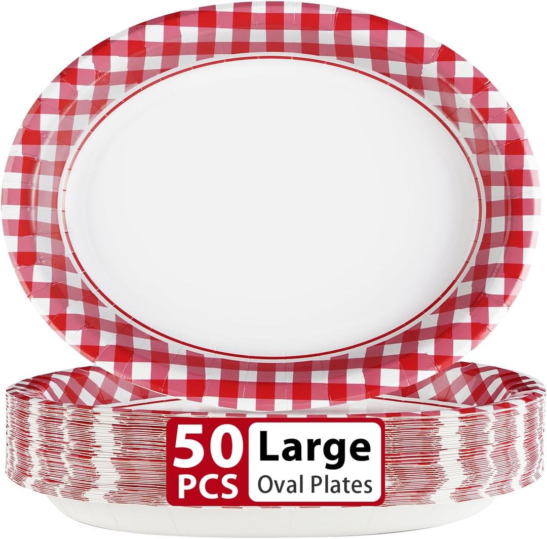 50Pcs Gingham Oval Paper Plates 10" x 12" Large Disposable Heavy Duty Red and White Buffalo Checked Plaid Dessert Platter Sturdy Plate for Summer Pizza BBQ Picnic Crawfish Boil Birthday Party Supplies