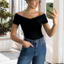 Sarin Mathews Womens Shirts Off The Shoulder Tops Sexy V Neck Slim Fit Shirts Tops Blouses (Black, S)
