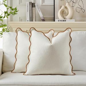 Scalloped Throw Pillow Covers Set of 2 for Living Room, Cotton & Linen, Boho Sytle Decorative Home. Fabric Feels a Little Stiff, Because Scalloped Edges Require (Beige & Brown, 26x26 Inch)
