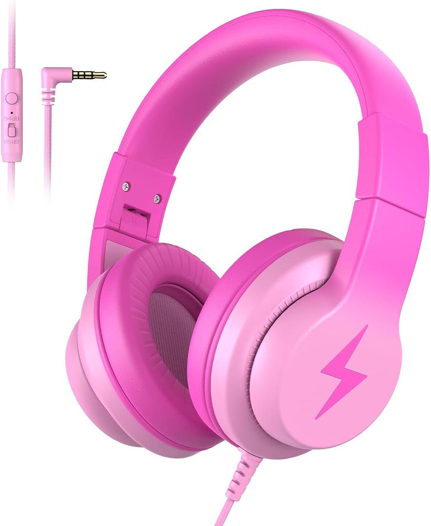 Kids Headphones, Wired Headphones for Kids Over Ear with Microphone, 85/94dB Volume Limiter Headphone for Girls Boys, Foldable Headphone for Learning & Entertainment
