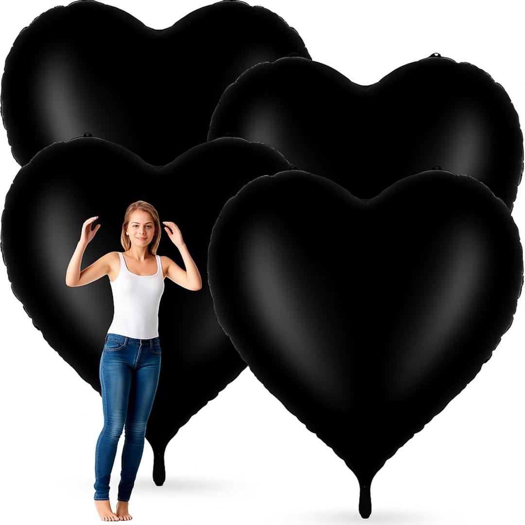Ceenna 4 Pcs 68.1 x 63 Inch Huge Heart Balloons Romantic Jumbo Large Heart Foil Balloons for Wedding Engagement Anniversary Valentines Day Birthday Party Decor Outdoor Indoor (Black)