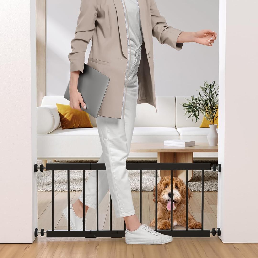 Dog Gate Indoor,18"-45" Adjustable Extra Wide Metal Short Dog Gate to Step Over, 18" Tall Small Pet Gate with 3 Extension Kits, Pressure Mounted Gate for Doorways & Stairs Black