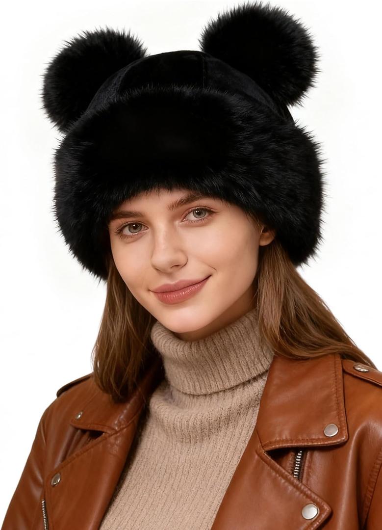 Women's Winter Faux Fur Hat - Warm Furry Beanie with Pom Pom Fisherman Cap Casual Trendy Mongolian Hat Skiing Cap (Black)
