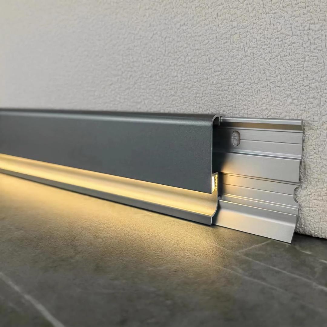 JARBIH Minimalist Skirting Baseboard, 10 Packs H5cm(2inches) Metal Aluminum Floor Skirting with Warm Light Silicone Led Strip, Illuminated Bottom, Complete with Accessories(Grey) (Gray)
