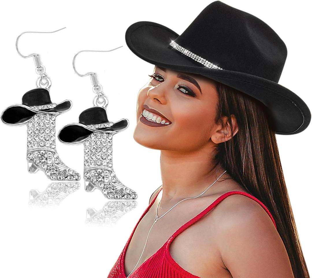 Cowboy Hat Rhinestone Cowgirl Boots Earrings Set Western Earring Felt Fedora Jazz Hat Rodeo Outfit for Women, Size M (Black)