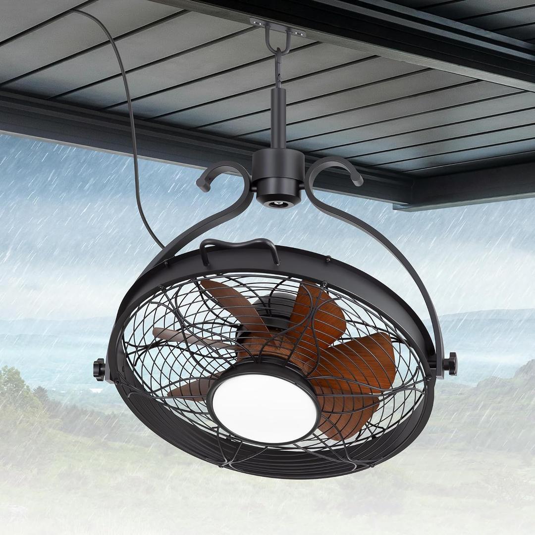 Outdoor Ceiling Fan with Light, 23.6" Weatherproof Gazebo Fan with Hanging Hook, Ultra Quiet DC Motor Black Caged Plug in Patio Ceiling Fan Downrod Mount for Pavilion Poolside Porch Pergola, 23.6" x 25.6"