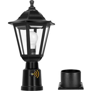 FUDESY Dusk to Dawn Sensor Outdoor Post Light, Waterproof Pole Lantern with Pier Mount Base, Exterior Plastic Lamp Light Fixture, for Garden, Patio, Pathway, Black, Bulb Included