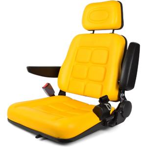 Universal Tractor Seat with Adjustable Backrest and Headrest, Yellow Forklift Seat with Armrest and Self-rebounding Safety Belt, Heavy Duty Seat for Excavator Lawn Mower Backhoe Dozer