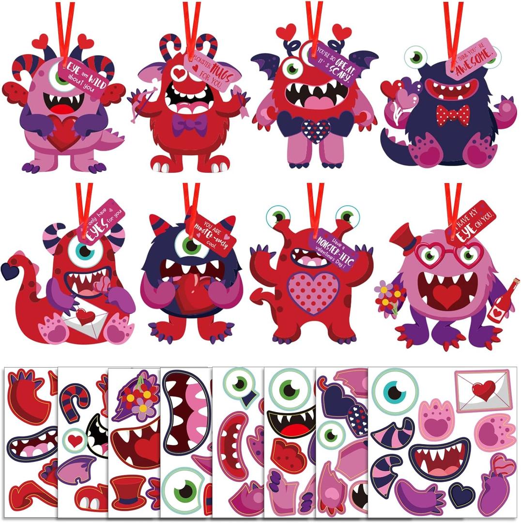 64 Sets Valentine's Day Crafts Kits for Kids, Valentine's Day DIY Monster Cards for Kids, Valentines Paper Craft Hanging Ornament, Valentines Entertainment Activities for Boys Girls School Class Home