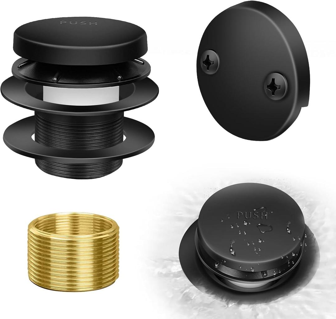 Tip-Toe Bathtub Drain Kit with Two-Hole Overflow Plate, Premium Quality Bath Tub Drain Replacement, Universal Fine/Coarse Thread Bathtub Stopper (Matte Black)