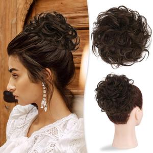 RUWISS Large Messy Bun Hair Piece 100% Human Hair Layered Wavy Curly Hair Buns Hair Piece for Women Thick Updo Hairpiece for Daily Wear Real Hair Scrunchies Brown Ponytail Extension