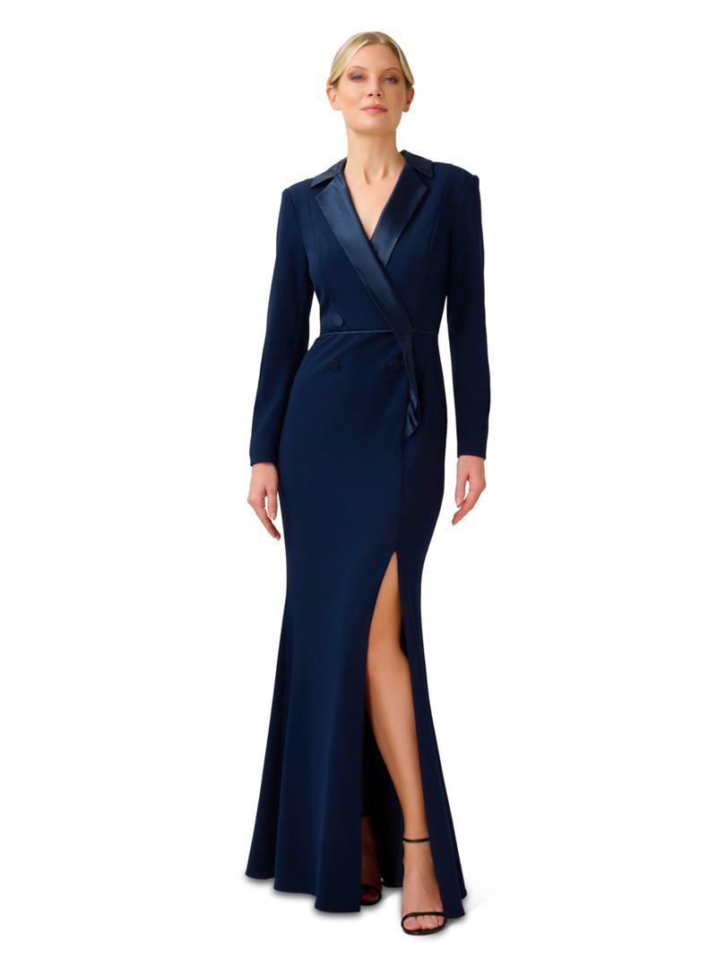 Adrianna Papell Women's Crepe Tuxedo Gown | Double Breasted Long Sleeve Formal Dress with Satin Collar & Leg Slit Size 8