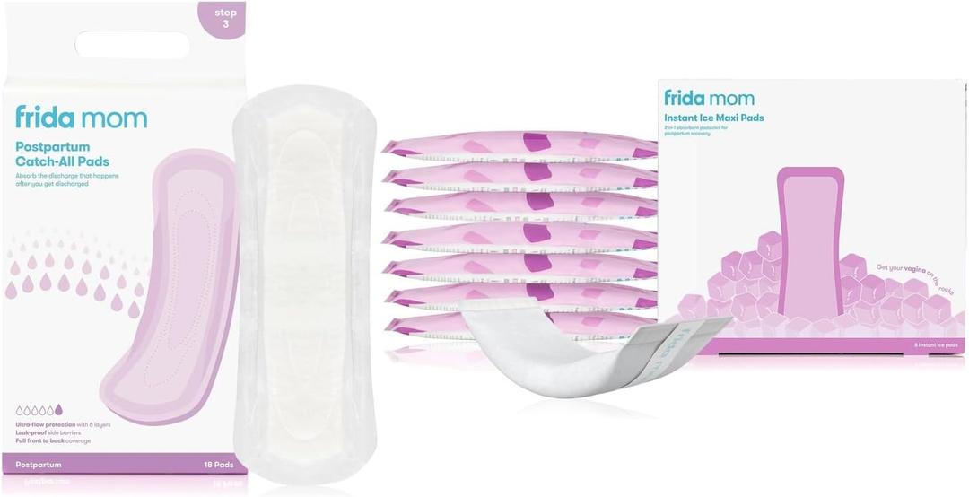 Frida Mom 2-in-1 Postpartum Cold Ice Pads (8ct) + Frida Mom Leak Proof Feminine Care Maxi Pads (18ct) Essentials