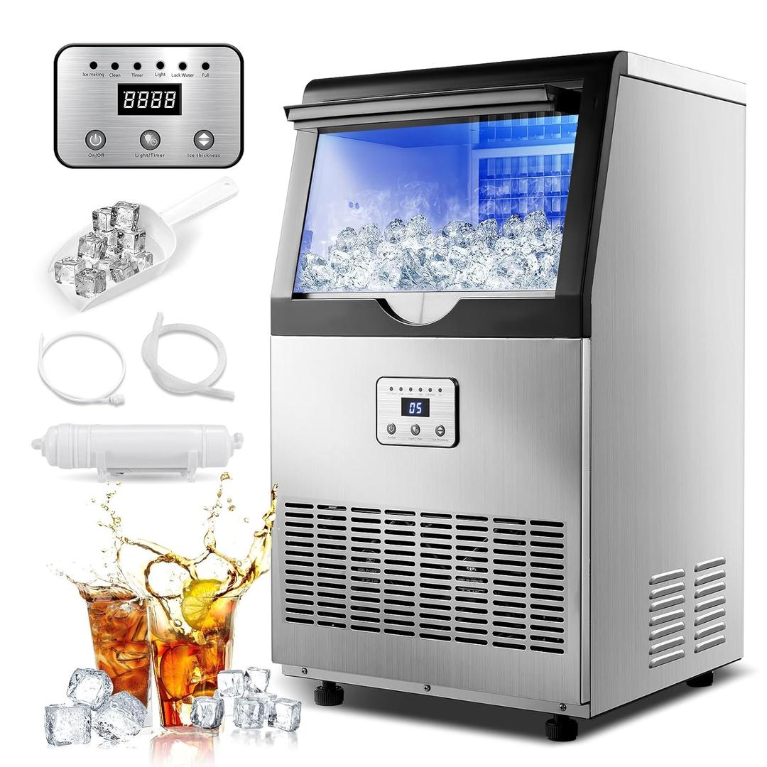Commercial Ice Maker, 100lbs/24H Ice Maker Machine, Auto Self-Cleaning, LED Digital Display, Blue Light, Under Counter/Freestanding Ice Machine for Home/Office/Restaurant/Bar