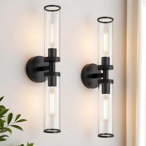 Wall Sconces Set of Two, 22'' Modern Bathroom Sconces with Clear Glass,Black Sconces Wall Lighting for Living Room Bathroom Hallway Mirror Bedroom (Bulbs Not Included)