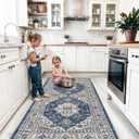 Washable 4x8 Hallway Runner Rug: Vintage 8ft Soft Runners for Entry Kitchen Wide Low Pile Carpet with Non-Slip Backing for Living Room Bedroom Thin Bathroom Carpet for Dining Room Foyer4x8,Blue