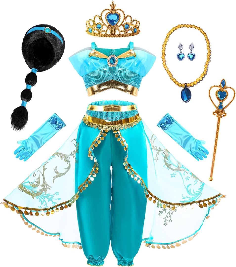 Arabian Princess Fancy Costume for Girls Halloween Dress Up (7 Years, Wig Blue Set)