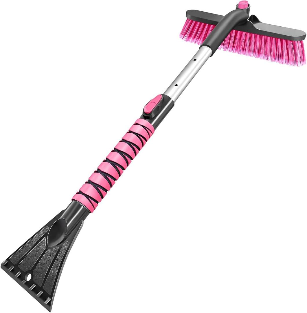 HEEYA 12.6 Inch Large Brush Head with Ice Scraper, Extendable Car Scraper Snow Brush for Car Window Windshield, Portable Snow Scraper for SUV Truck Vehicle Automobile  Pink
