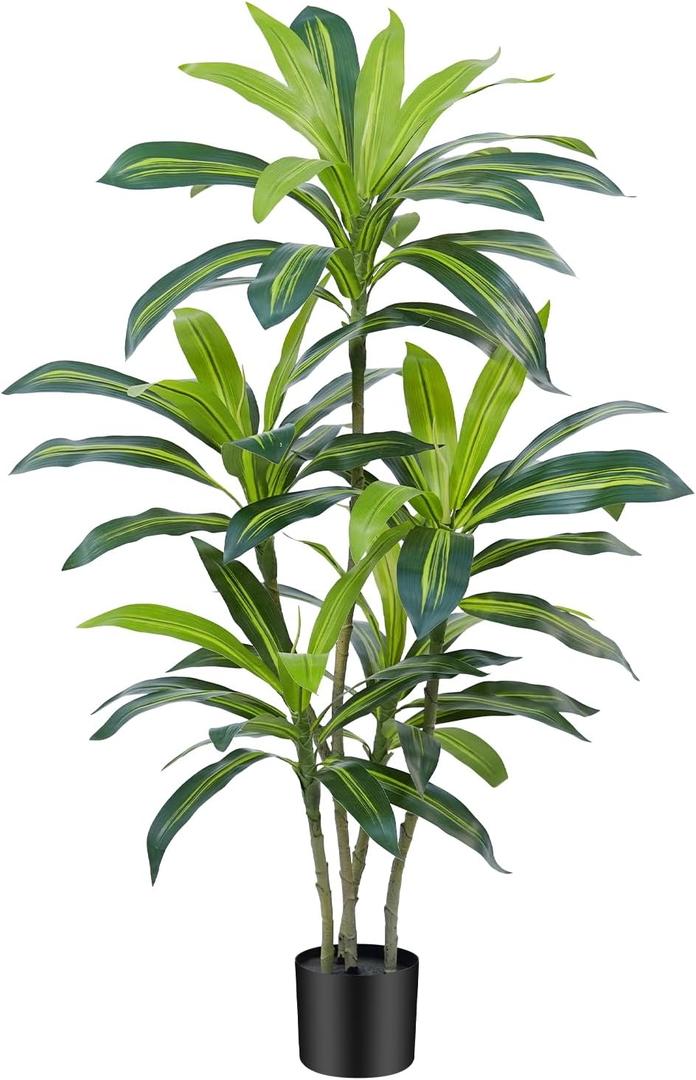 Dracaena Plant Artificial Tree 4Ft Tall Fake Tropical Floor Plants Potted (Real Touch) Artificial Silk Tree Leaf Faux Trees Black Tall Planter for Home Office Living Room Indoor Outdoor Decor