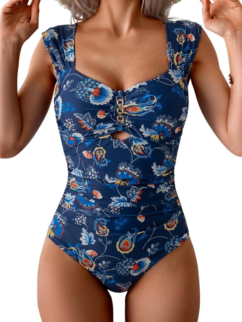Eomenie Women's One Piece Swimsuit Tummy Control Cutout Bathing Suit Push Up Wide Straps Swim Suit (Medium, Navy Blue Print)