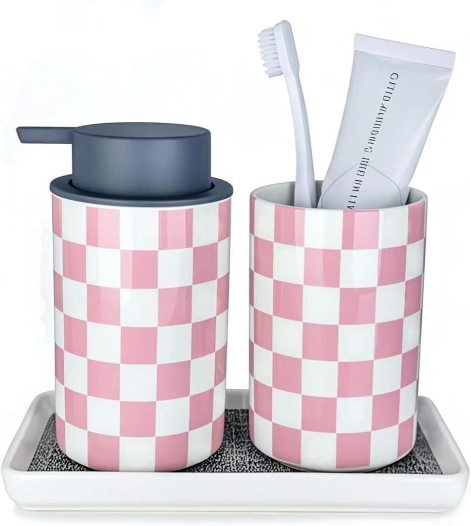Pink Toothbrush Holder and Soap Dispenser Set, Ceramic Bathroom Accessory Set, Girly Bathroom Accessories Sets, Modern Cute Bath Room Decor for Girls Women-Checkered Pattern
