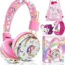 QearFun Cute Unicorn Bluetooth Headphones, 85dB Safe Volume Limit, Wireless & 3.5mm Wired Headset with Mic, Bluetooth 5.2, Fast Charging, Foldable,for School, Tablet, Travel, Airplane (Pink)