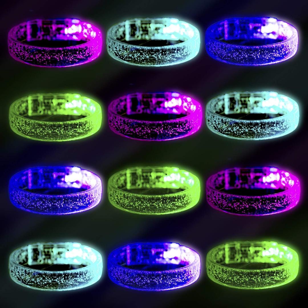 Flashing LED Light up Bracelets, Colorful Blinking Glow Wristbands Party Favors Toys Supplies for Birthday, Parties, Carnivals, Clear Case 12 Pack