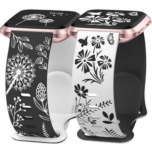 Wearlizer 2 Packs Floral Engraved Band Compatible with Fitbit Versa 2 Bands for Women, Two-Tone Flower Soft Silicone Cute Sport Strap for Versa Lite/SE Smart Watch (Black/White & White/Black)