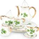 Dollhouse 1:6 Porcelain Tea Cup Sets 8 Pcs Set Miniature Ceramics Dollhouse Accessories Flower Pattern Teapot Platter Dish Sets Dollhouse Kitchen Supplies Decoration (Lucky Clover)