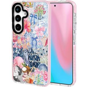 ChiCsFleur for Samsung Galaxy S24 Plus Case, TPU Phone case with Camera Protection for Women Girls Teens - Coastal Collage Pink Bow Disco Ball Y2K Gift Tropical Floral Blue White Aesthetic Unique (MarineOcean)