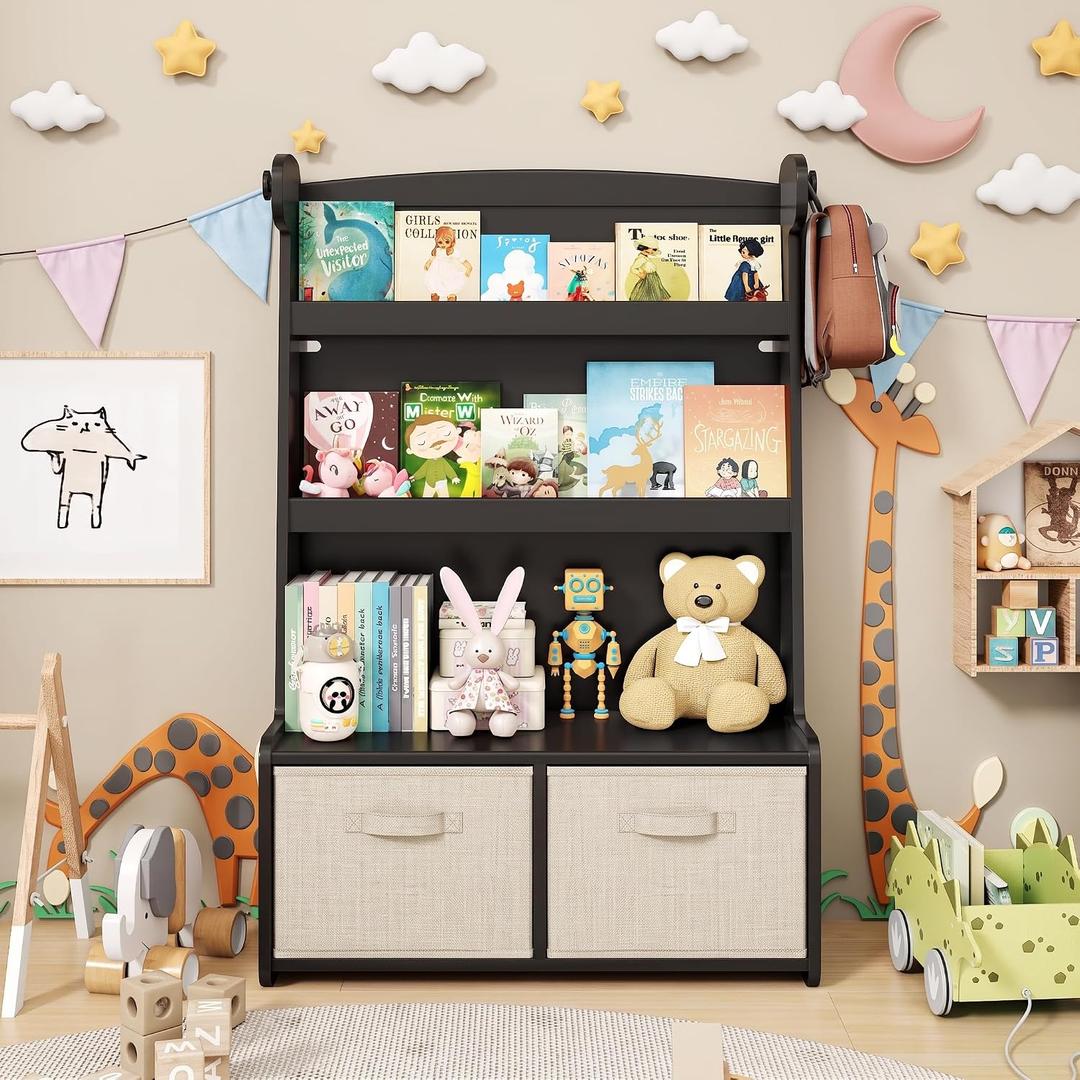 WISUCART Kids Bookshelf withToy Storage Organizer, 3 Tier Bamboo Todders Book Shelf Large Book Rack for Child Room Playroom Nursery for Kids, Children, Toddlers (Black), 27.17 x 11.02 x 41.34 inches