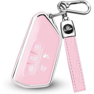 Mild East for Volkswagen Key Fob Cover, Soft TPU Full Protection Key Fob Case Compatible with VW Golf GTI Skoda Octavia ID3 ID4 MK8, 5 Buttons (Silver-Pink)