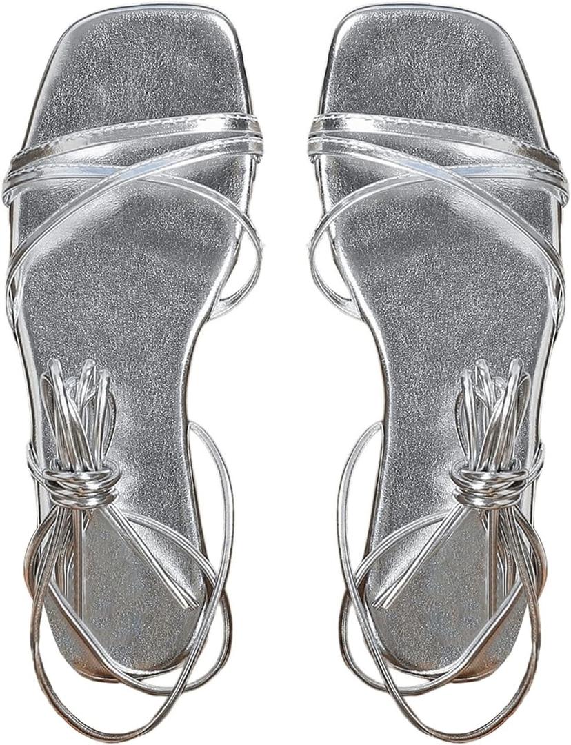 OYOANGLE Women's Lace Up Strappy Flat Sandals Metallic Summer Square Open Toe Sandal Tie Up Shoes (Silver) 9.5