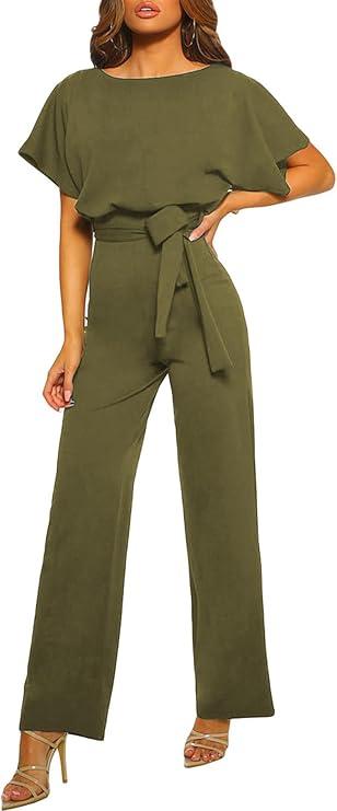 Happy Sailed Womens Loose Short Sleeve Belted Wide Leg Pant Romper Jumpsuit Business Casual One Piece Outfits (X-Large)
