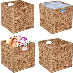 Storage Baskets 11x11 Inch Cube Baskets 4 pcs Baskets, Foldable Handwoven Water Hyacinth Laundry Organizer, Cube Storage Baskets