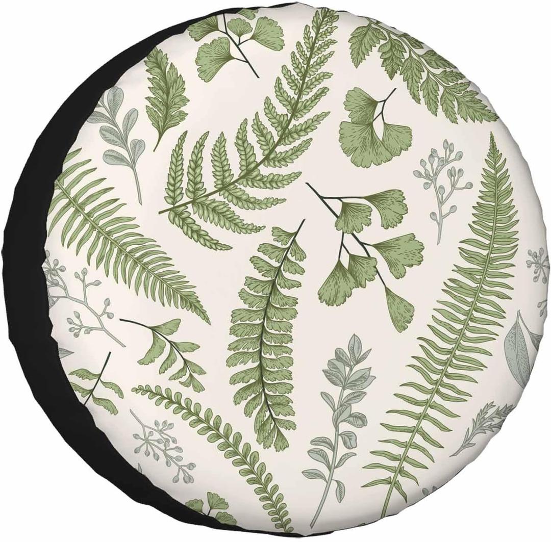 Leaf Herbs Spare Tire Cover Green Fern Polyester Universal Wheel Tire Cover for Trailer Camping Weatherproof for Rv SUV Truck Camper Travel 15 inch