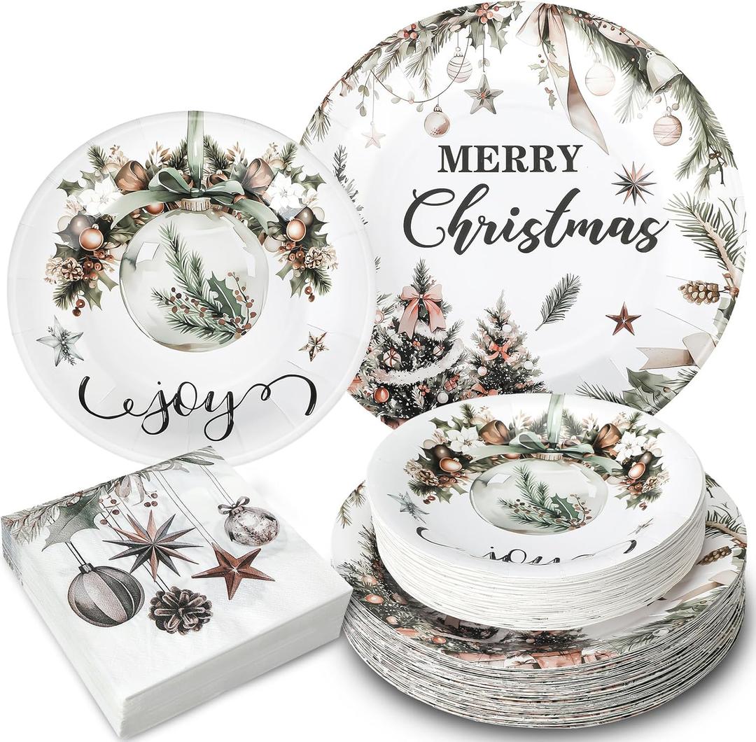 200 Pcs Christmas Paper Plates and Napkin Set Farmhouse Christmas Party Supplies Xmas Paper Dinnerware Disposable Xmas Dinner Dessert Plate Napkin Tableware for 50 Guest Party Holiday (Fresh)