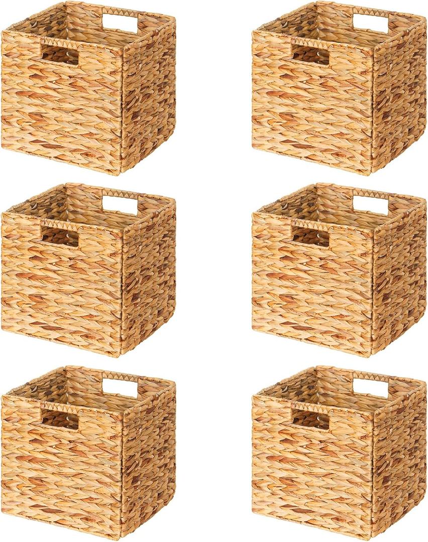SpaceAid 6 Pack Wicker Basket, Storage Baskets for Organizing, Woven Rattan Basket with Handles for Shelves, Water Hyacinth Large Cube Organizer Storage Bin, 12x12x12 inch, Natural