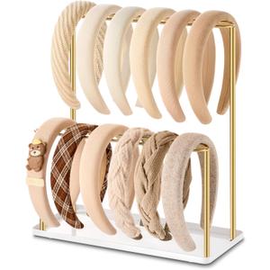 pickpiff Headband Holder Organizer Metal 2-Tier with Tray: Hair Accessories Display Stand Storage, Purse Charms Key Rings Rack Necklace Stand Home Bedroom for Girls Women, Gold