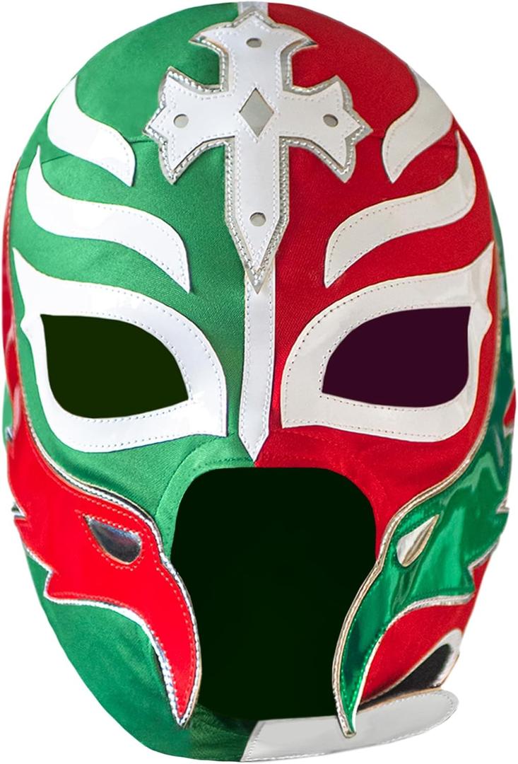 Three Mask | Genuine Mexican Luchador Mask (Pro-Fit Adult Size) | Authentic Lucha Libre Wrestling Mask | Made in Mexico | Green & Red